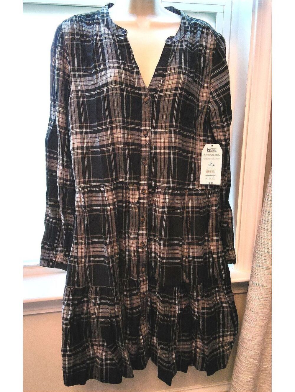Time & Tru Women's Black White Plaid Button Front Dress Pockets Large 12-14